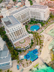 View of beautiful Hotel Riu Palace Las Americas in the hotel zone of Cancun. Riviera Maya region in Quintana roo on Yucatan Peninsula. Aerial panoramic view of all-inclusive resort